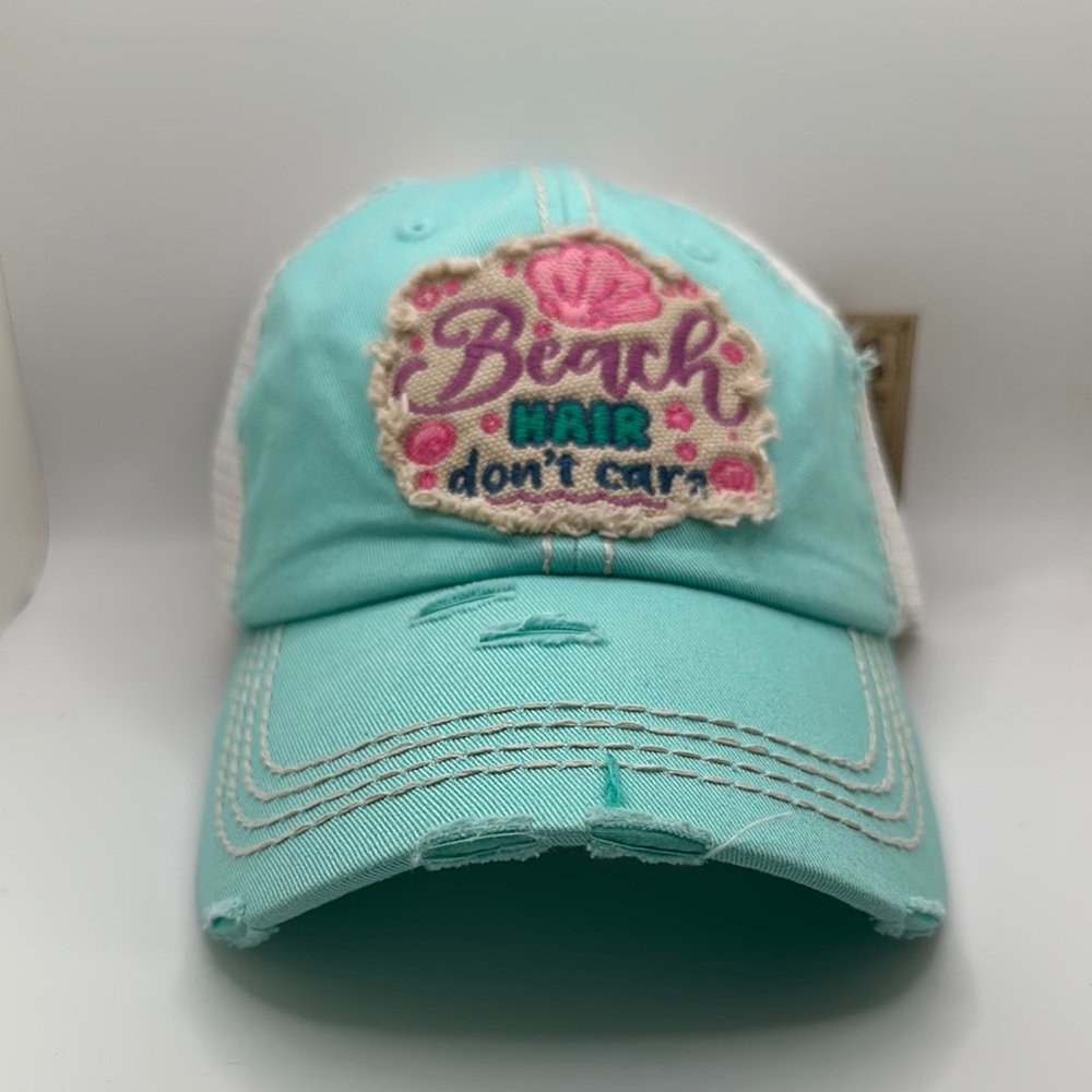 Blue & White Ball Cap Embroidered Design “Beach Hair Don’t Care” Distressed